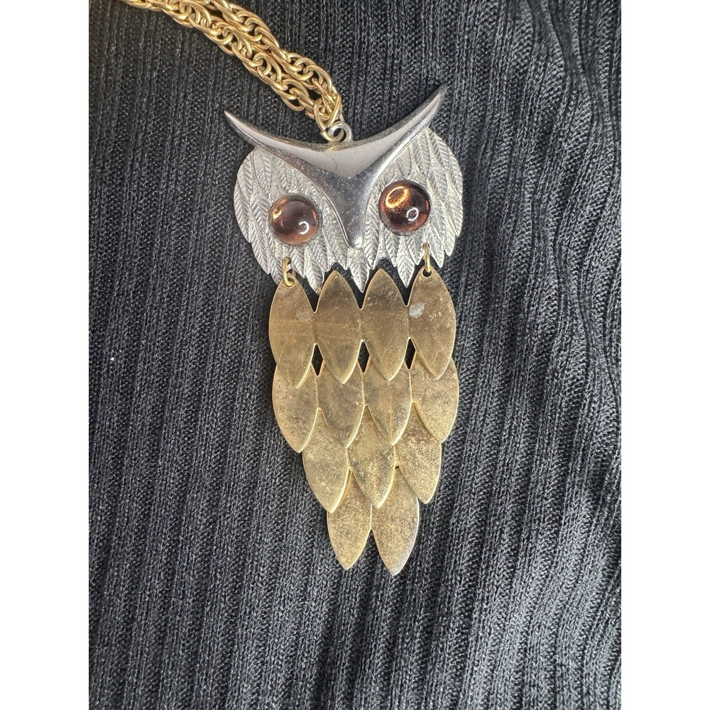 Vintage Two Tone Owl Necklace On Gold Tone‎ Chain